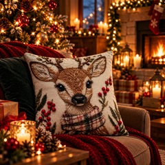 Housse de coussin renne de Noël en peluche douce – 45 x 45 cm